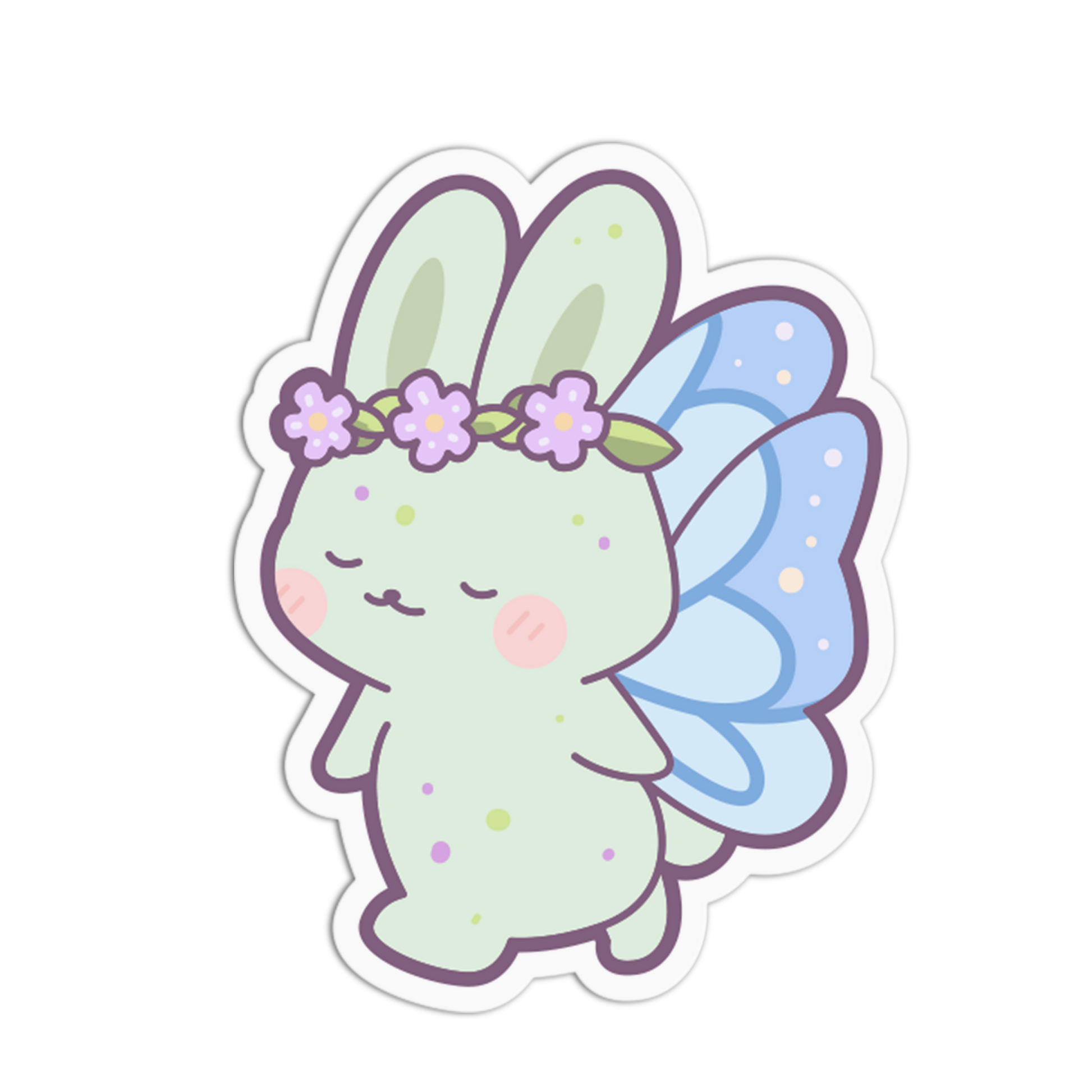 A die-cut sticker featuring a cute pastel bunny fairy with light green skin, lavender-purple flower crown, and light blue wings, shown on a plain white background.