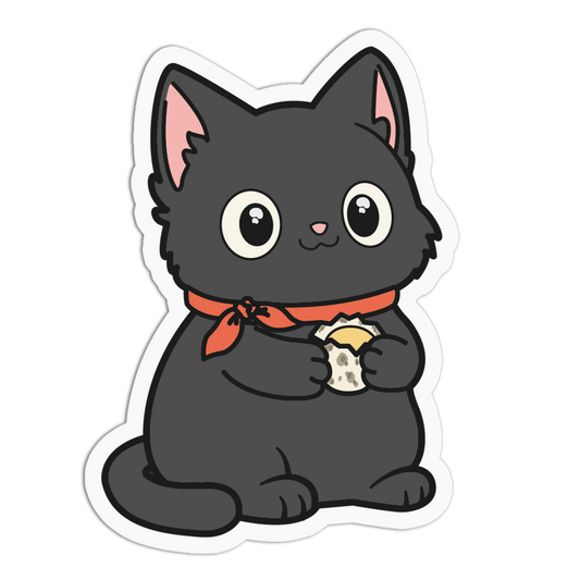 Sticker of a black cat with a red ribbon and paw print charm on a white background