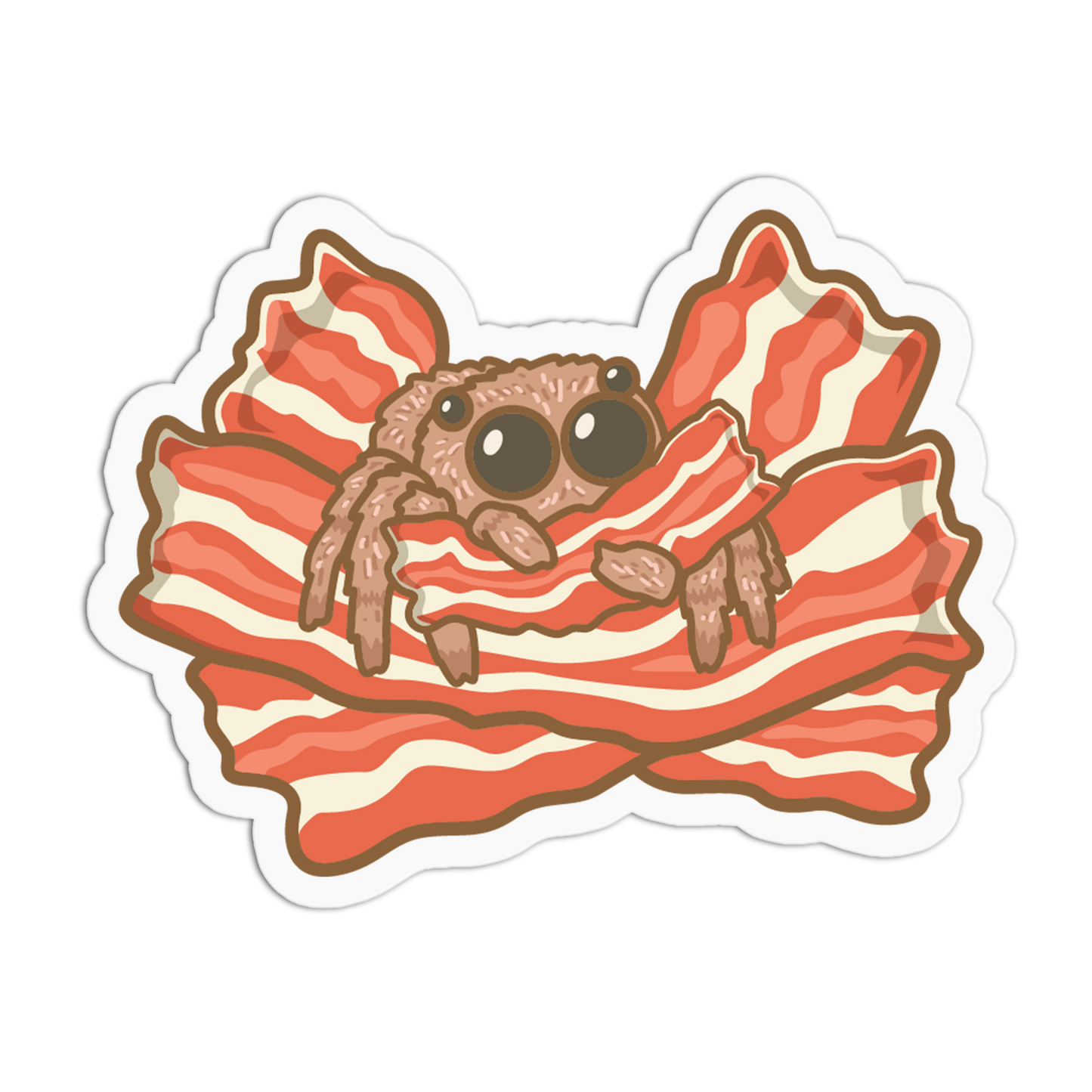 Cartoon spider on a piece of bacon with a white border