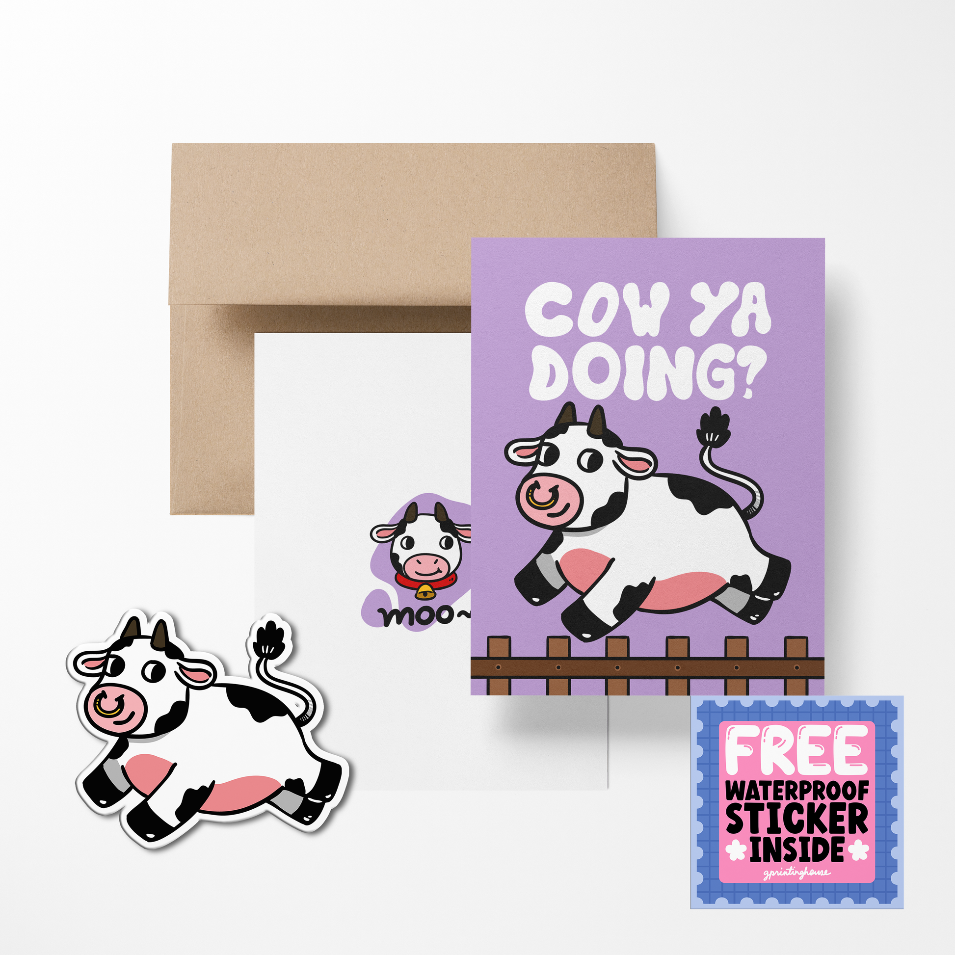 A greeting card with a cow illustration and the text 'COY YA DOING?' accompanied by a waterproof sticker depicting a similar cow design. A brown kraft paper envelope and a clear cellophane bag are also shown.