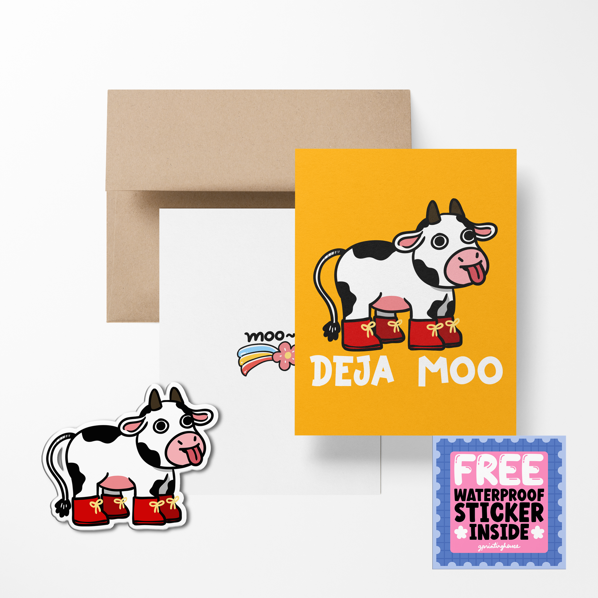 A greeting card with an illustration of a cow on it, accompanied by a envelope and a free waterproof vinyl sticker inside, presented on a white background.