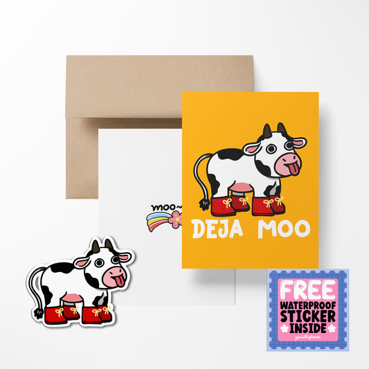 A greeting card with an illustration of a cow on it, accompanied by a envelope and a free waterproof vinyl sticker inside, presented on a white background.