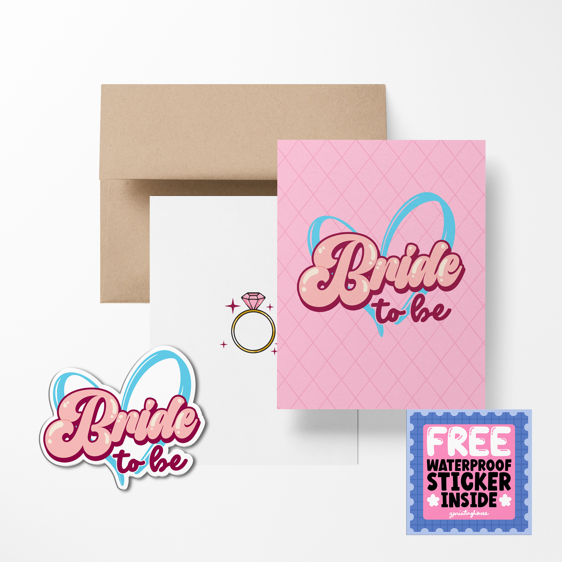 A pink greeting card with 'Bride to be' written on it, accompanied by a sticker with the same text and a ring illustration, all displayed on a white background.