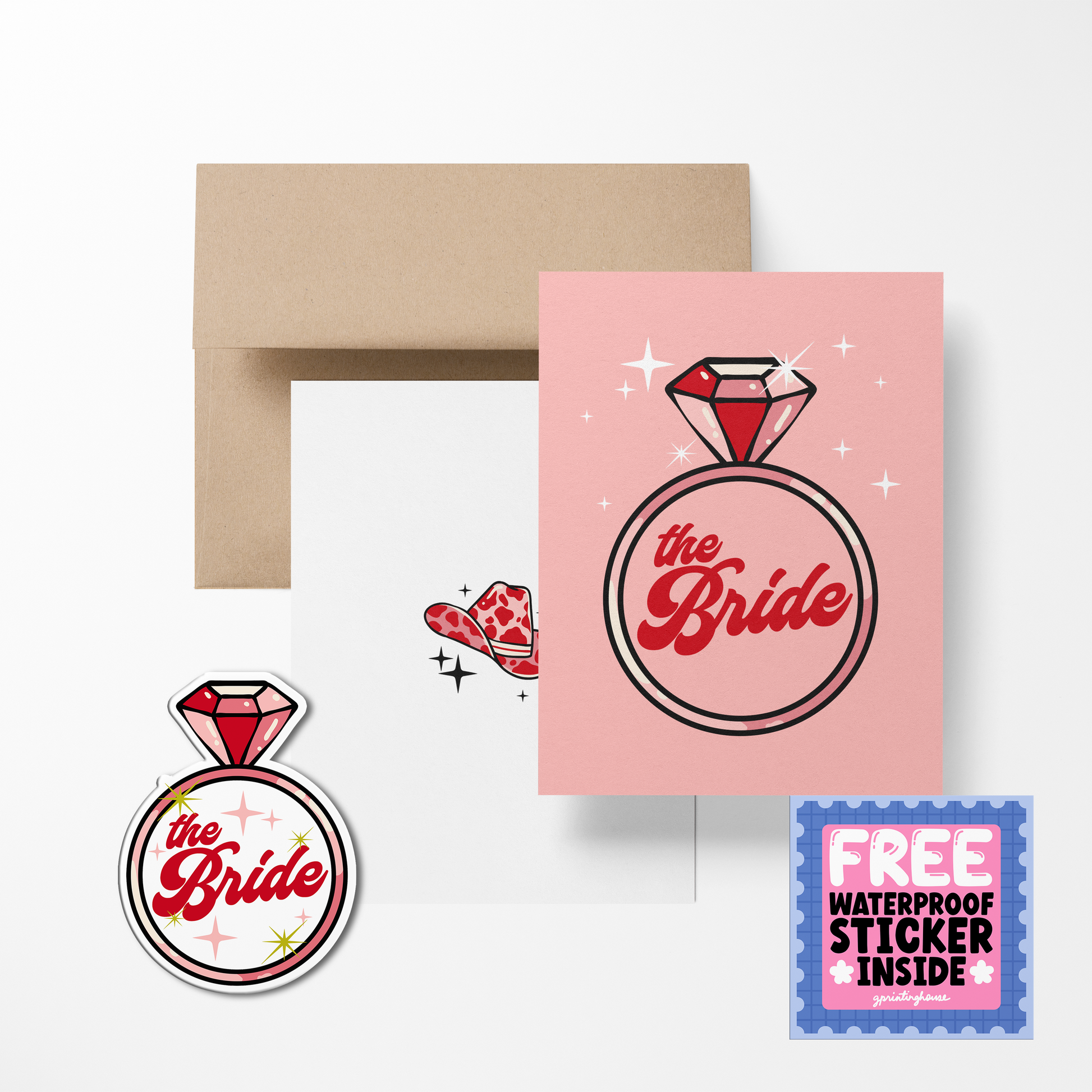 A greeting card with a pink background featuring the text 'the Bride' in a decorative font, surrounded by sparkle illustrations, with an envelope and a waterproof sticker included.