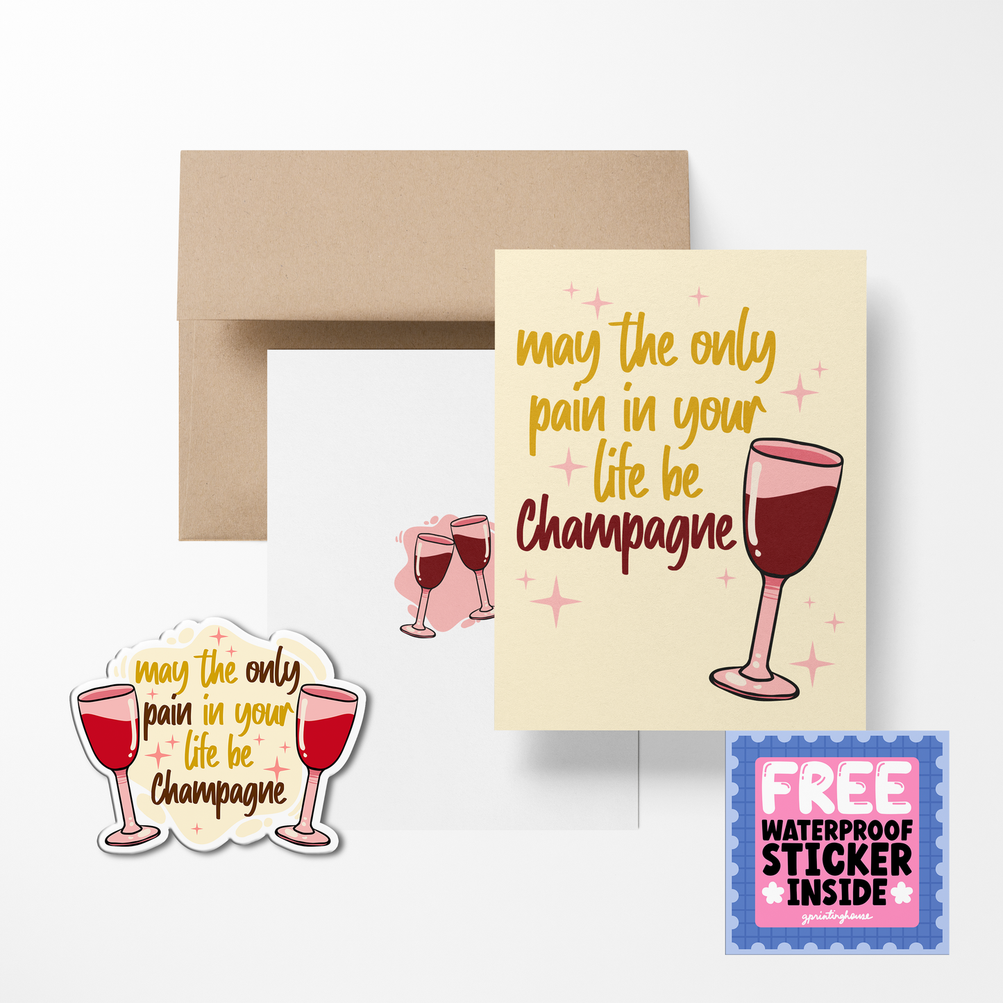 A greeting card with a glass of champagne illustration and a text message, accompanied by a waterproof vinyl sticker, both with matching designs.