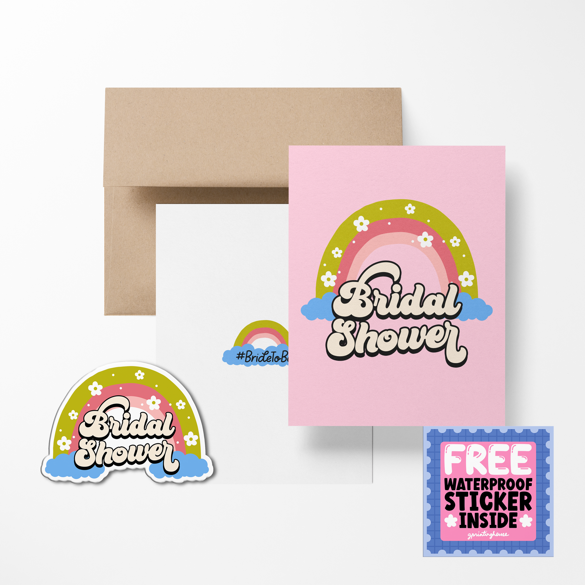 A bridal shower greeting card with a colorful design, including a rainbow and floral elements, and the text 'Bridal Shower'. Accompanied by a waterproof sticker which matches the card, both placed on a beige surface.