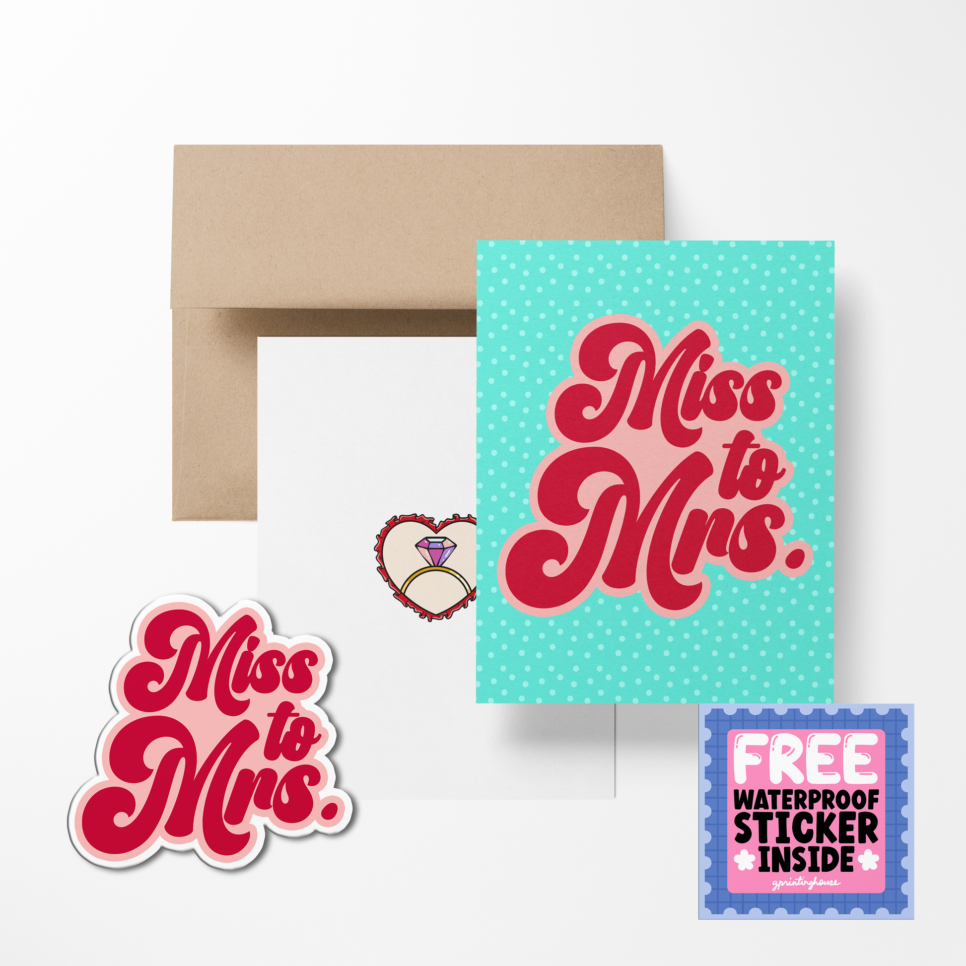 A greeting card with 'Miss to Mrs.' text in red, accompanied by a waterproof sticker with the same text, a kraft paper envelope, and clear cellophane packaging.