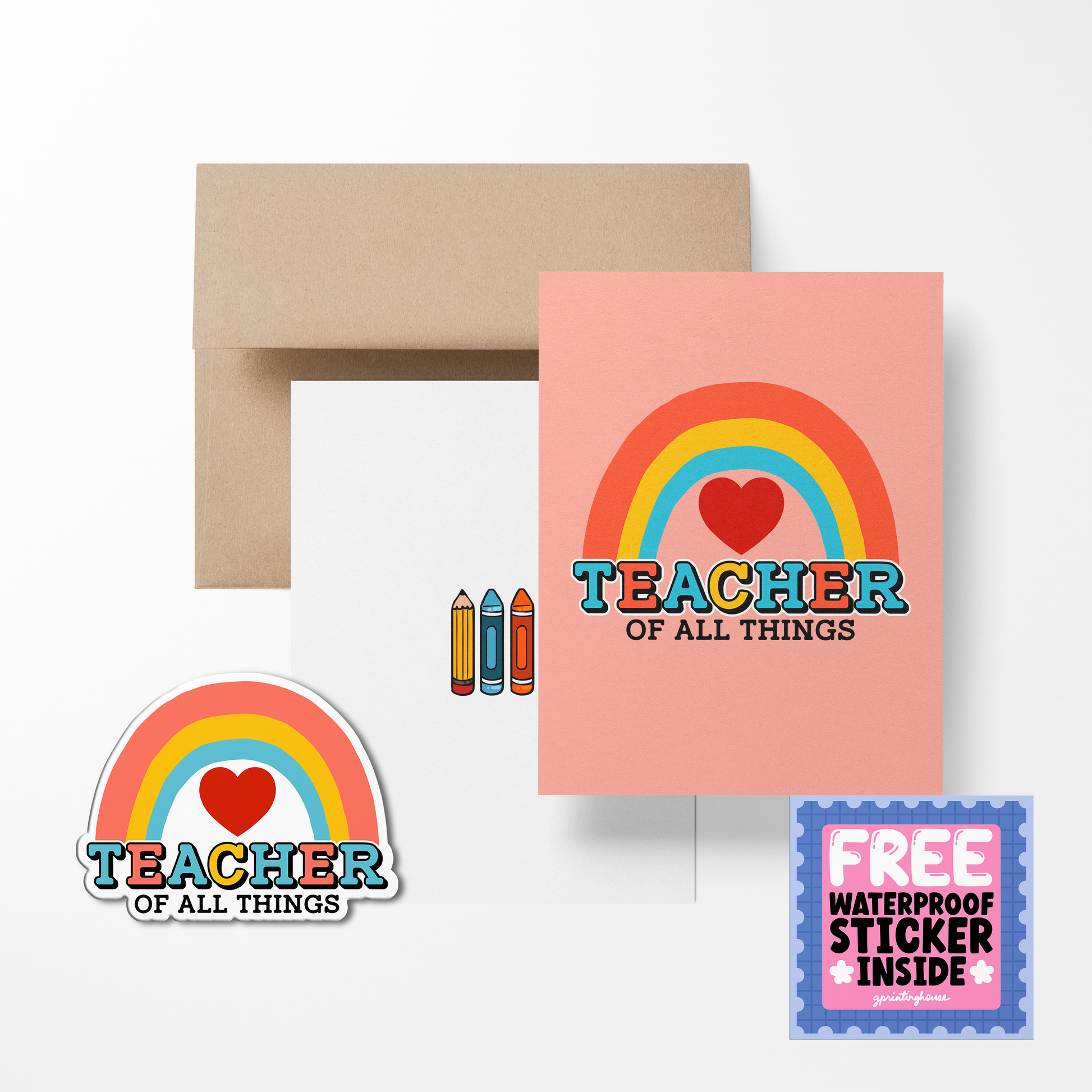 A greeting card with a colorful rainbow and heart design, text 'TEACHER OF ALL THINGS', and a 'FREE Waterproof Sticker Inside' label. A brown envelope is also shown.