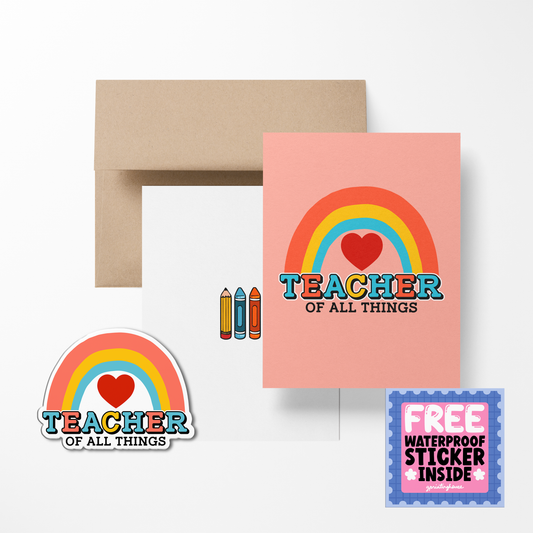 A greeting card with a colorful rainbow and heart design, text 'TEACHER OF ALL THINGS', and a 'FREE Waterproof Sticker Inside' label. A brown envelope is also shown.