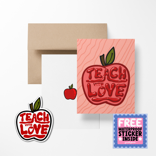 A greeting card with 'TEACH WITH LOVE' text in the shape of an apple, accompanied by a sticker with the same design. A brown envelope is also shown.