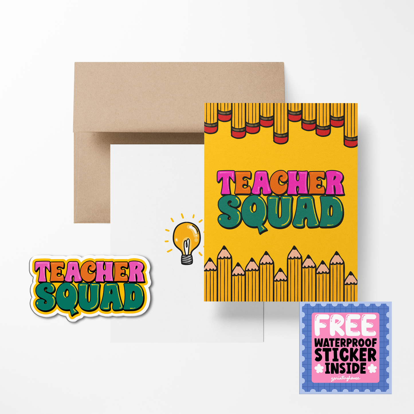 A colorful A2 sized greeting card with 'TEACHER SQUAD' text and a light bulb illustration, accompanied by a brown kraft paper envelope and a free waterproof vinyl sticker.