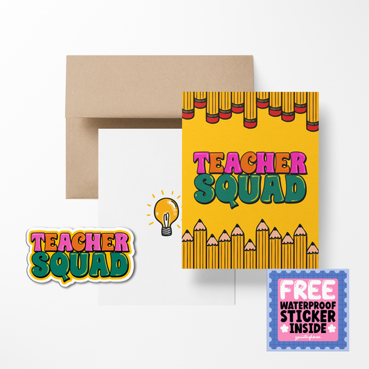A colorful A2 sized greeting card with 'TEACHER SQUAD' text and a light bulb illustration, accompanied by a brown kraft paper envelope and a free waterproof vinyl sticker.