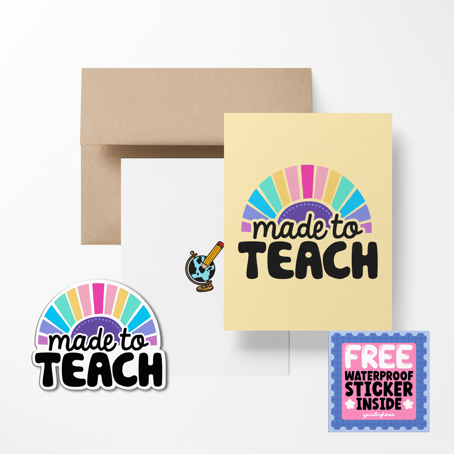 A greeting card with the phrase 'made to TEACH' printed on it, accompanied by a sticker and envelope.