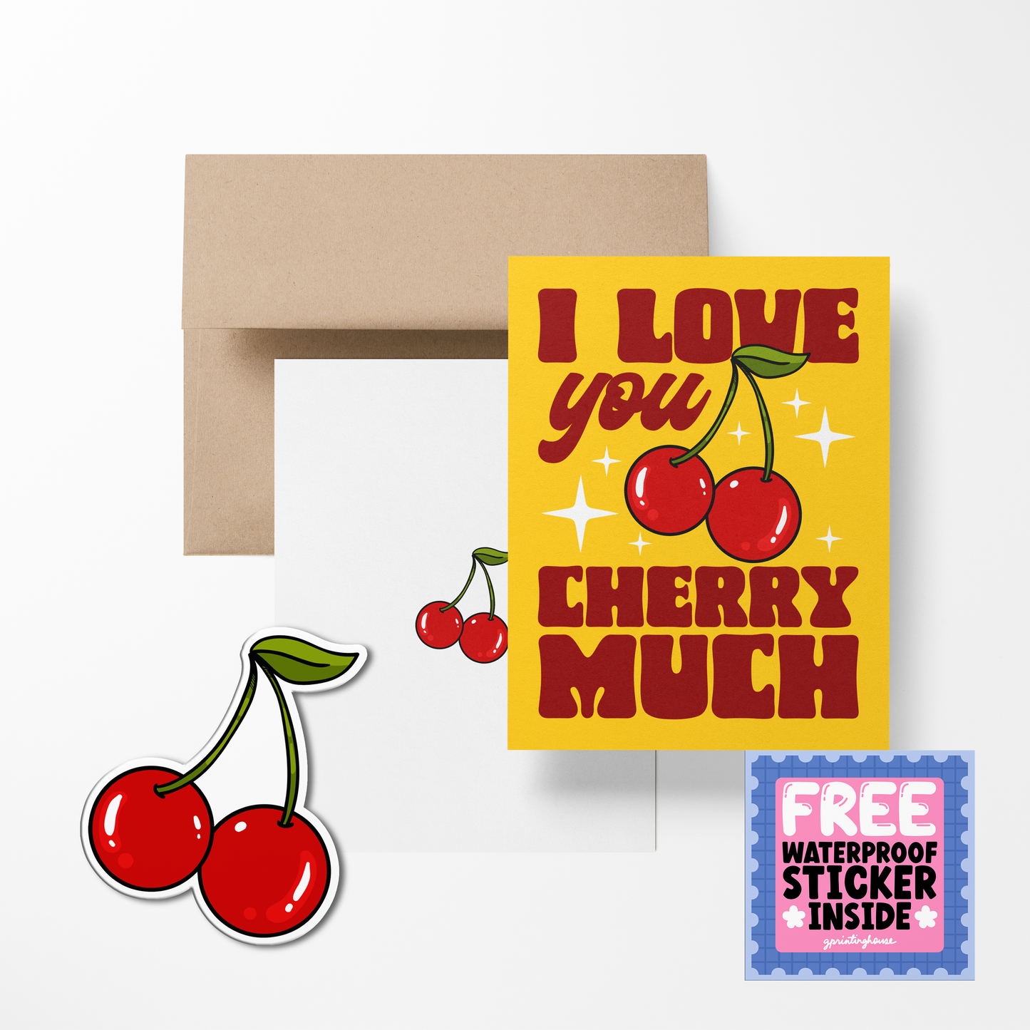 A greeting card with the text 'I love you cherry much' accompanied by cherry illustrations, with a kraft paper envelope and a free waterproof vinyl sticker.