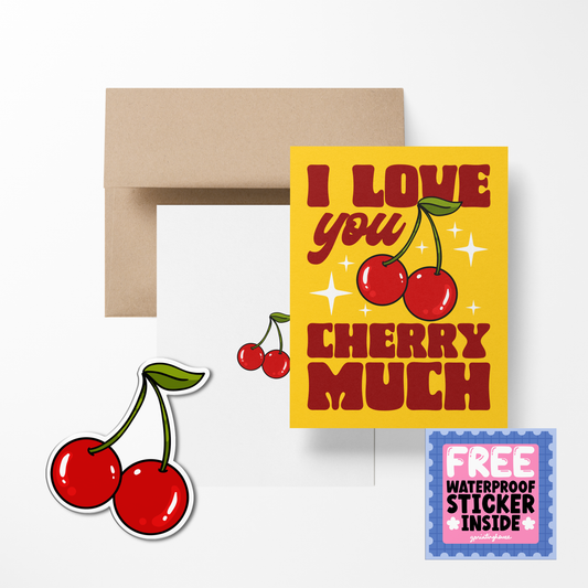 A greeting card with the text 'I love you cherry much' accompanied by cherry illustrations, with a kraft paper envelope and a free waterproof vinyl sticker.