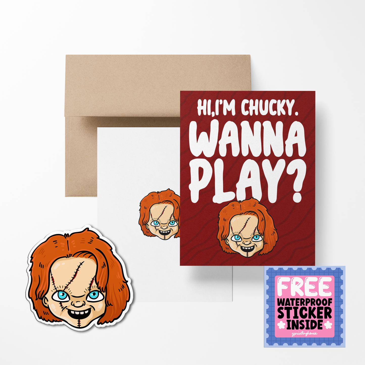 Hi, I'm Chucky. Wanna Play Halloween Cute Greeting Card with Stickers