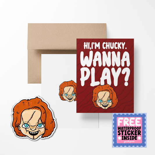 Hi, I'm Chucky. Wanna Play Halloween Cute Greeting Card with Stickers