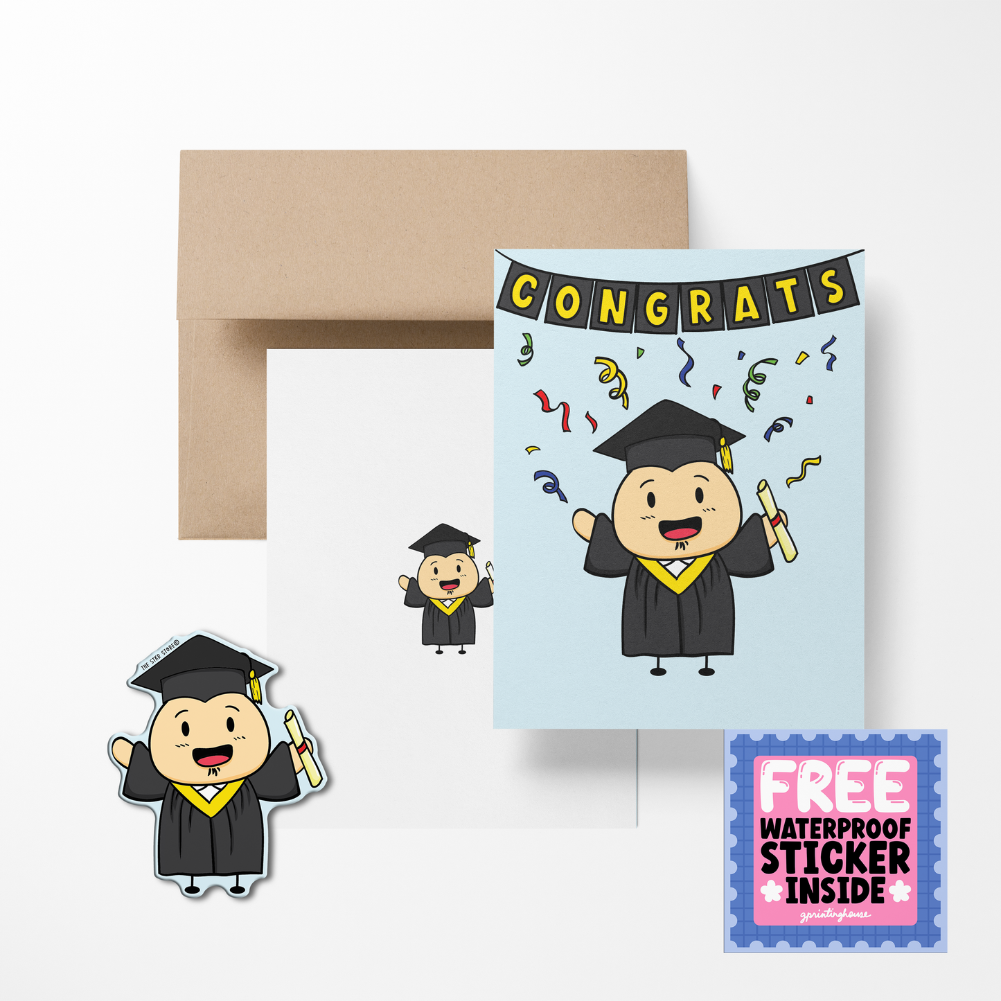 A greeting card with a cartoon illustration of a potato character wearing a graduation gown, with 'CONGRATS' text above. Accompanied by a free waterproof vinyl sticker, envelope, and cellophane bag.