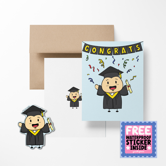 A greeting card with a cartoon illustration of a potato character wearing a graduation gown, with 'CONGRATS' text above. Accompanied by a free waterproof vinyl sticker, envelope, and cellophane bag.