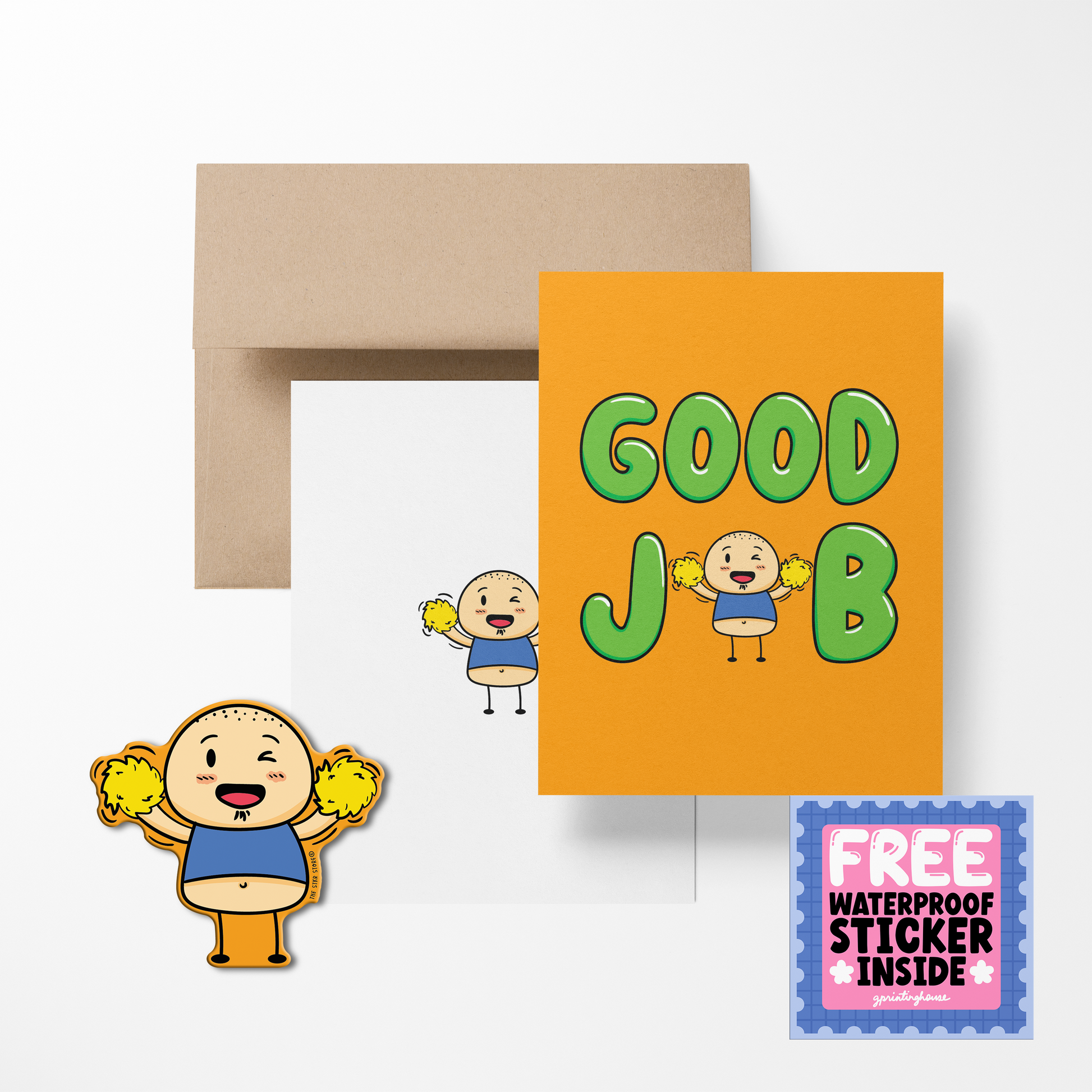 A greeting card with 'GOOD JOB' text and cartoon characters, accompanied by a free waterproof vinyl sticker, presented with a kraft paper envelope.