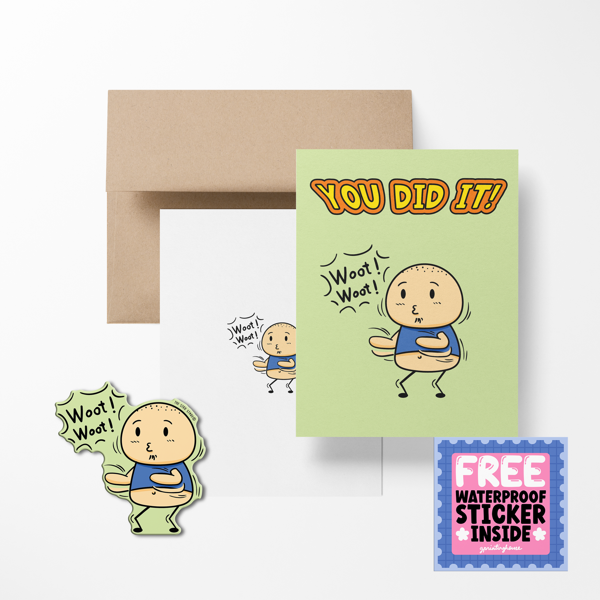 A greeting card with a cartoon character illustration, titled 'YOU DID IT'. Accompanied by a brown envelope and a free waterproof sticker as mentioned in the description.