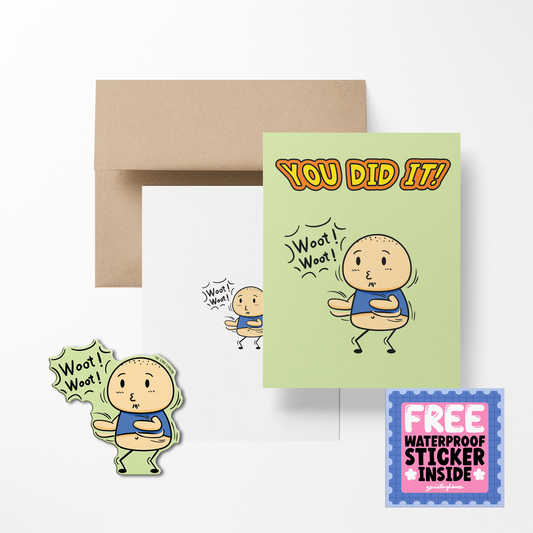 A greeting card with a cartoon character illustration, titled 'YOU DID IT'. Accompanied by a brown envelope and a free waterproof sticker as mentioned in the description.