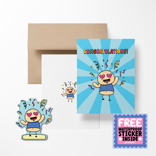 A greeting card with a colorful cartoon character on it, with the text 'CONGRATULATIONS!' Folded card is shown alongside a kraft paper envelope and a free waterproof vinyl sticker inside a clear cellophane bag.