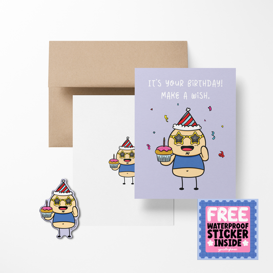A birthday greeting card with a cartoon potato character wearing a party hat, accompanied by a free waterproof vinyl sticker, presented with a kraft paper envelope.