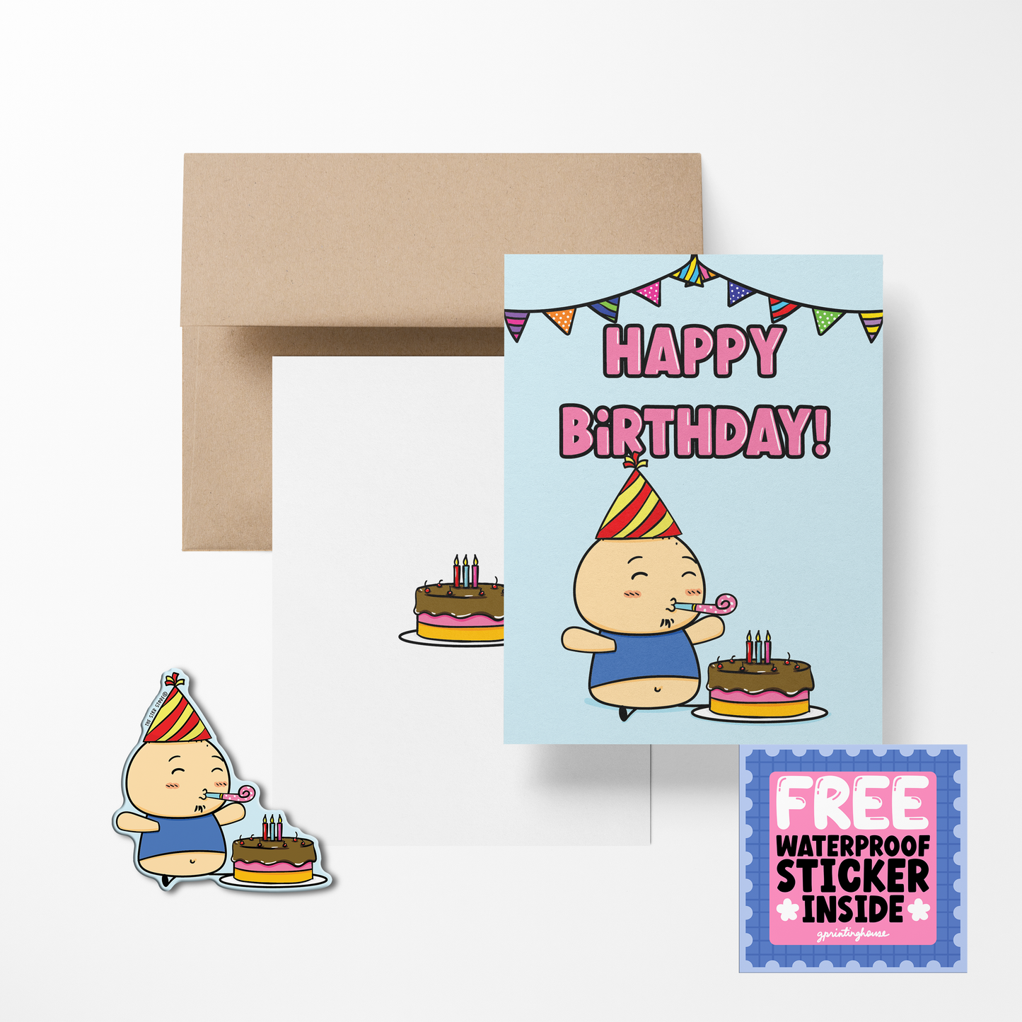 A birthday greeting card featuring an illustration of a cartoon character with a birthday cake, accompanied by 'Happy Birthday!' text, with a free waterproof vinyl sticker included. The card is shown with its kraft paper envelope.