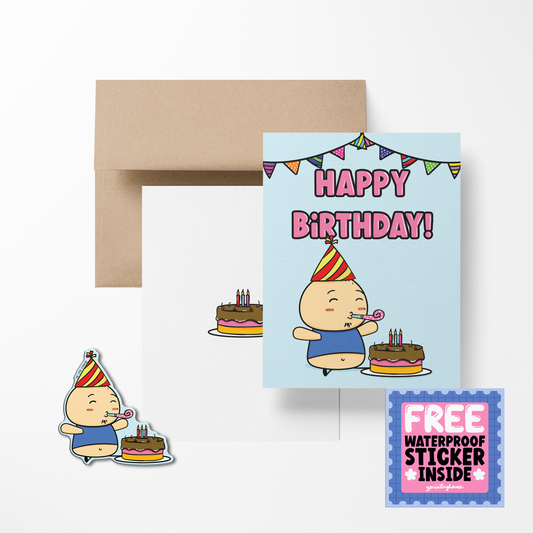 A birthday greeting card featuring an illustration of a cartoon character with a birthday cake, accompanied by 'Happy Birthday!' text, with a free waterproof vinyl sticker included. The card is shown with its kraft paper envelope.