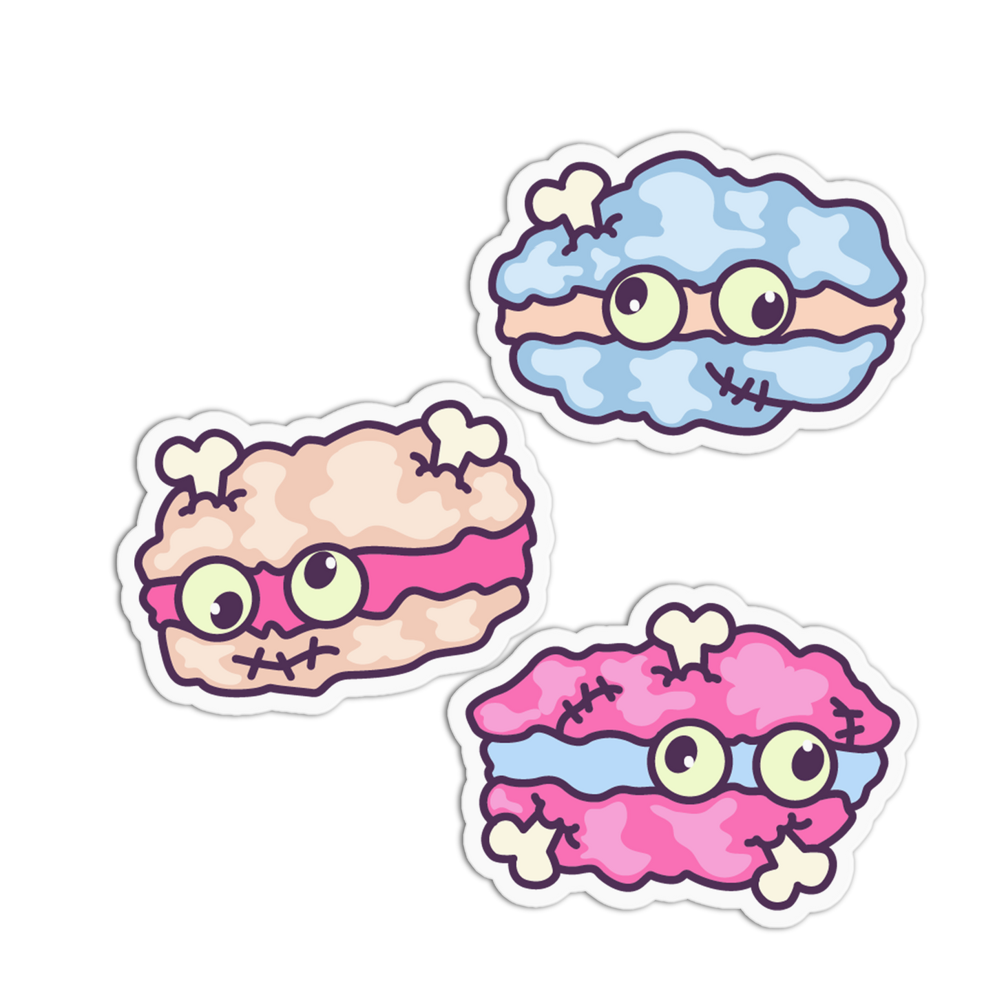 Three cartoon macaroni-shaped stickers with googly eyes and stitched faces on a white background.