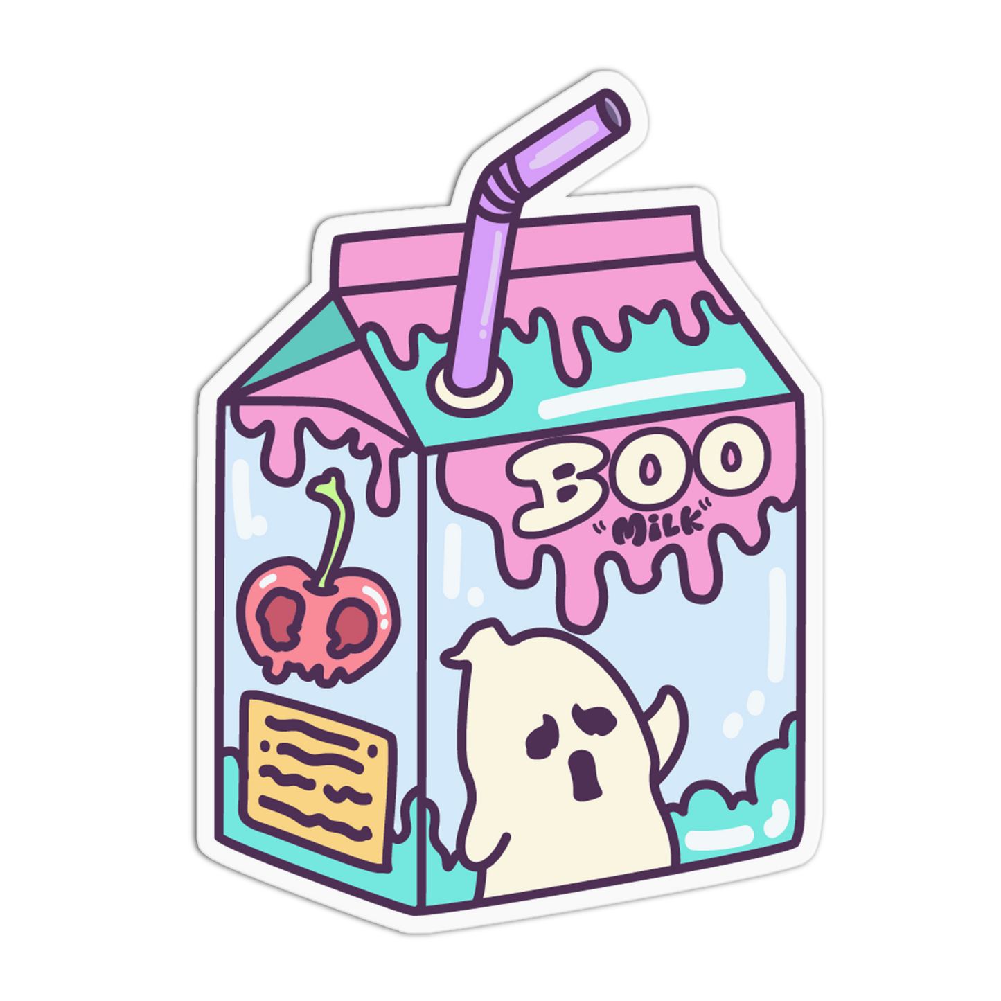 A die-cut sticker featuring a cartoon milk carton with a purple straw, pink dripping details, the words 'BOO MILK!', a red cherries graphic, a yellow label, and a white ghost on a light gray background.
