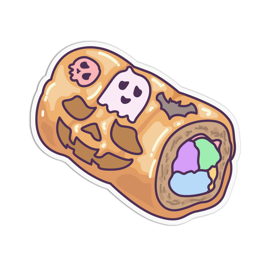 A die-cut sticker featuring a cute cartoon pumpkin roll with Halloween decorations, including a ghost, skull, bat, and colorful ice cream swirls, shown on a plain white background.