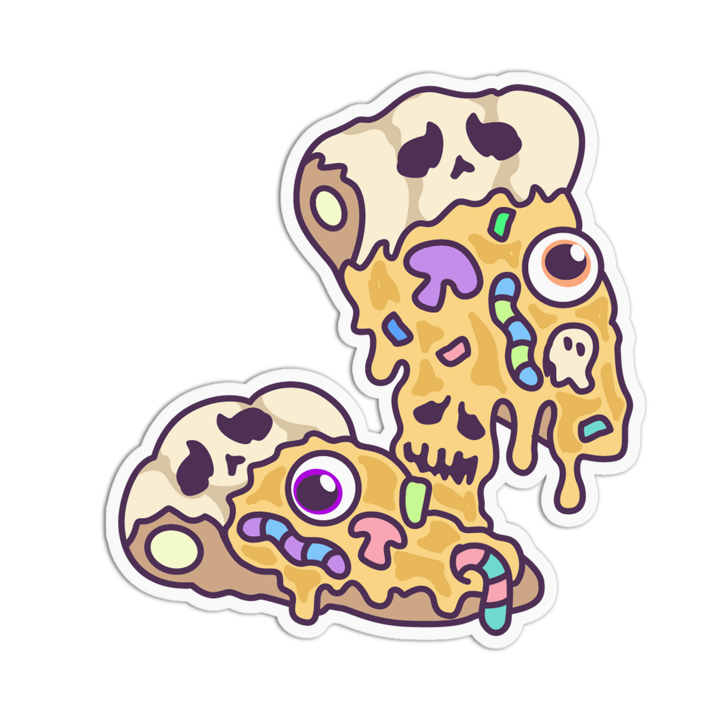 A die-cut sticker featuring two cartoonish melting ice cream cones with spooky faces, colorful sprinkles, and candy details on a plain white background.