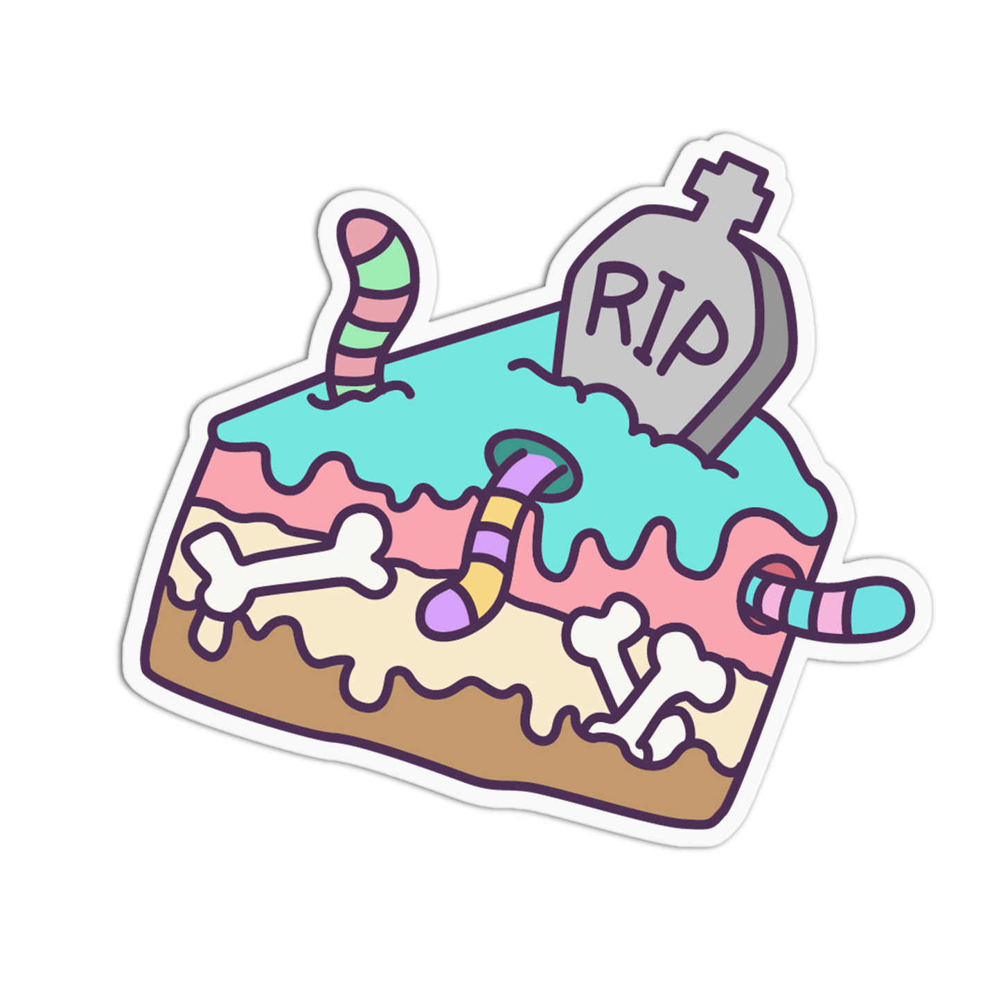 A die-cut sticker featuring a cartoon slice of cake with turquoise, pink, and beige layers, white bones, striped candy canes, and a gray tombstone with 'RIP' on a white background.