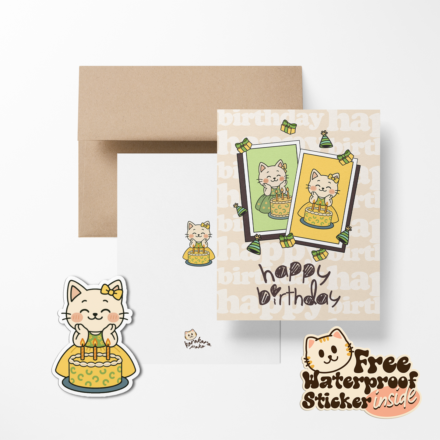 Sweet Whiskers Korokoropoko Birthday Greeting Card with Stickers