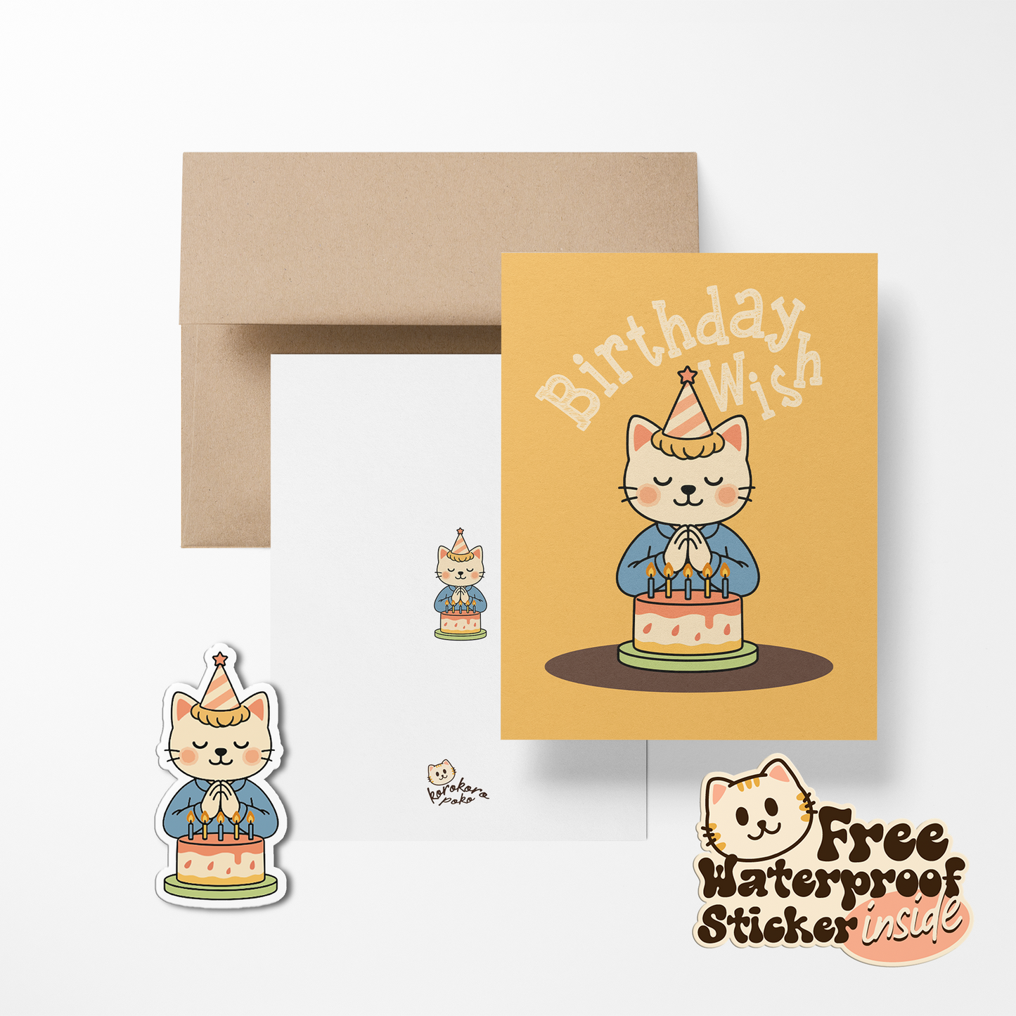 Golden Harvest Cat Korokoropoko Birthday Greeting Card with Stickers