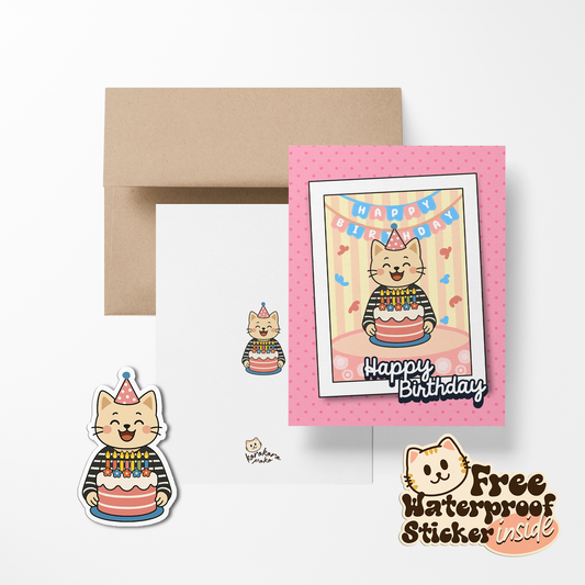 Festive Polka-Dot Cat Korokoropoko Birthday Greeting Card with Stickers