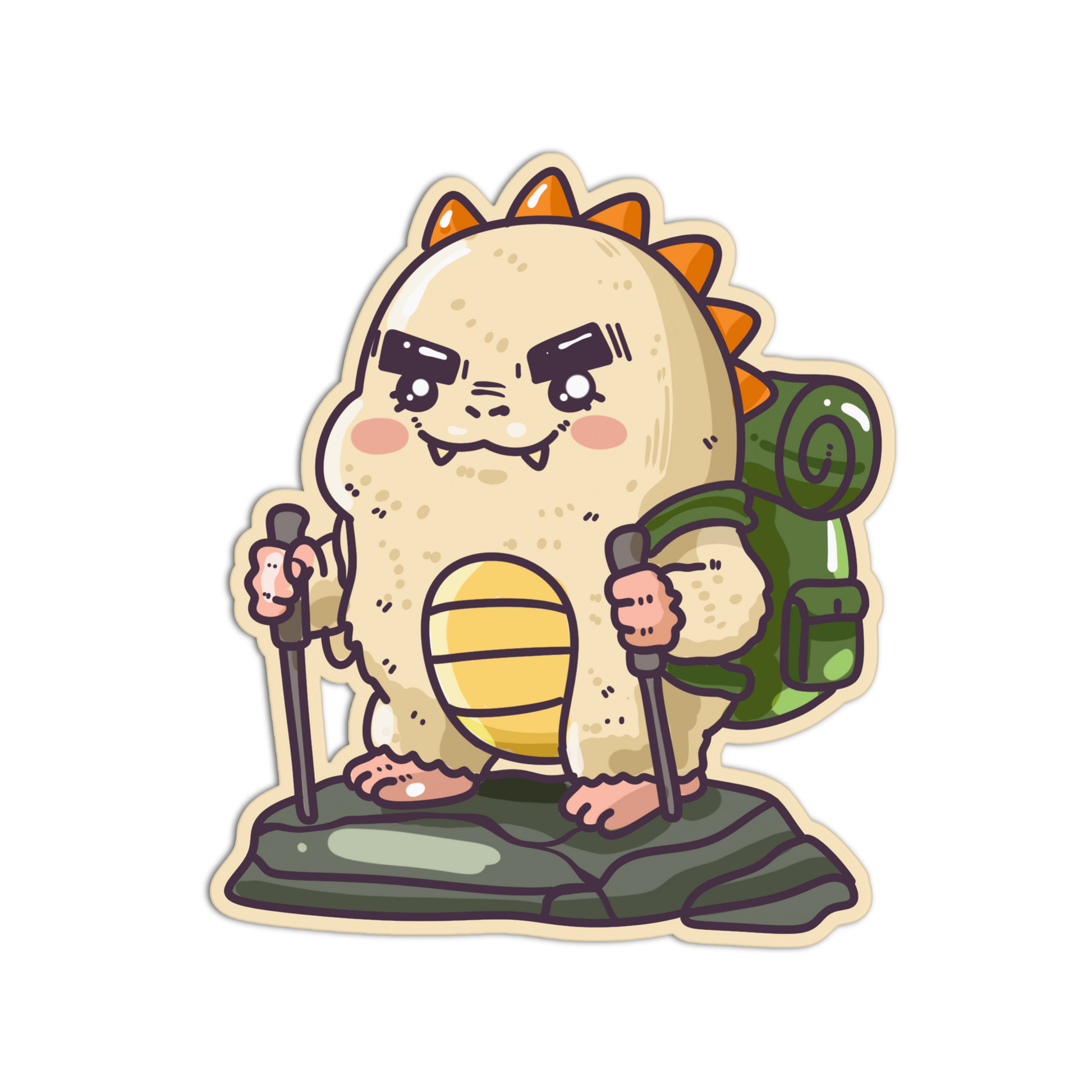 A cartoon die-cut sticker or decal of a cute beige creature with orange spikes, holding hiking poles and wearing a green backpack, shown on a plain white background.