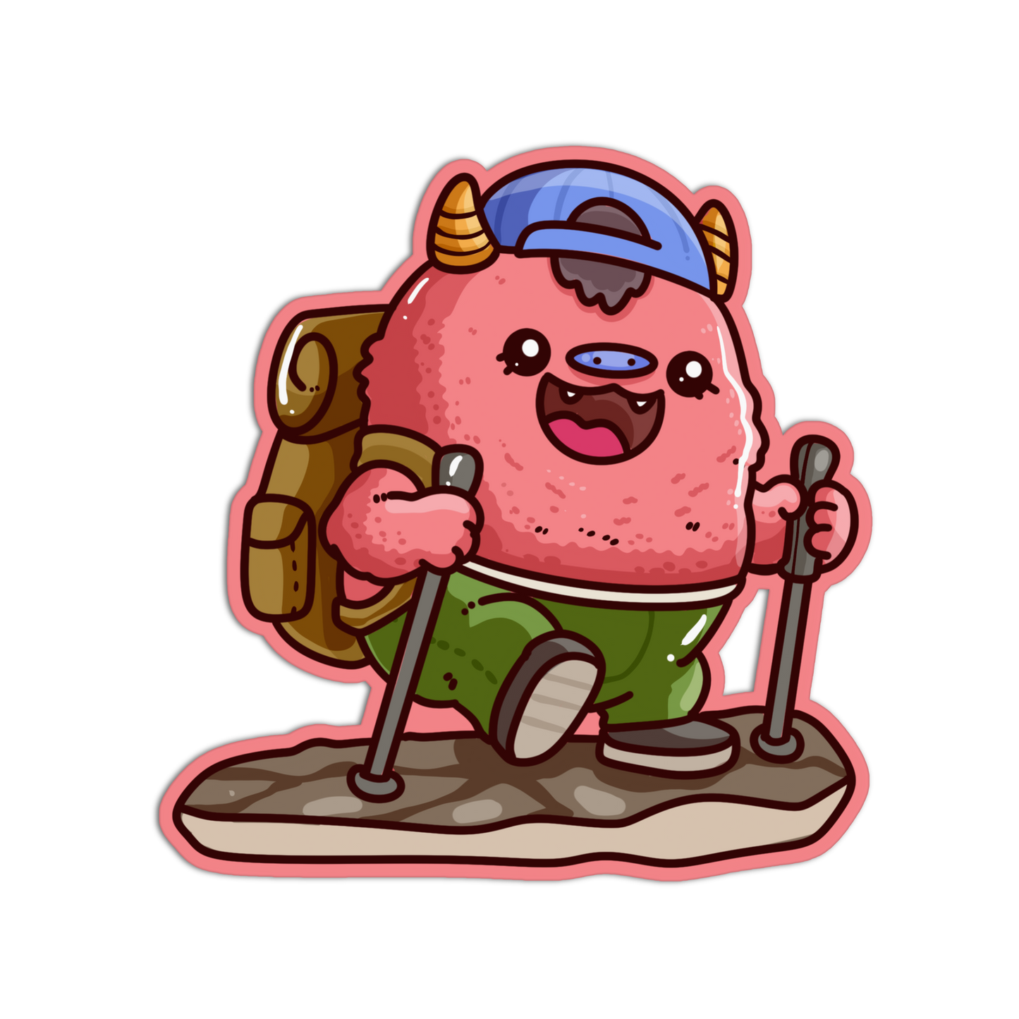 A cartoon die-cut sticker or decal of a pink horned character hiking with a backpack and trekking poles, shown on a plain white background.