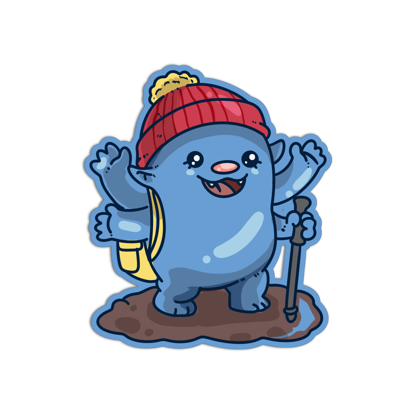 A cartoon blue creature sticker or decal wearing a red knit beanie with a yellow pom-pom, holding a hiking stick and smiling with raised paws, shown on a plain white background.