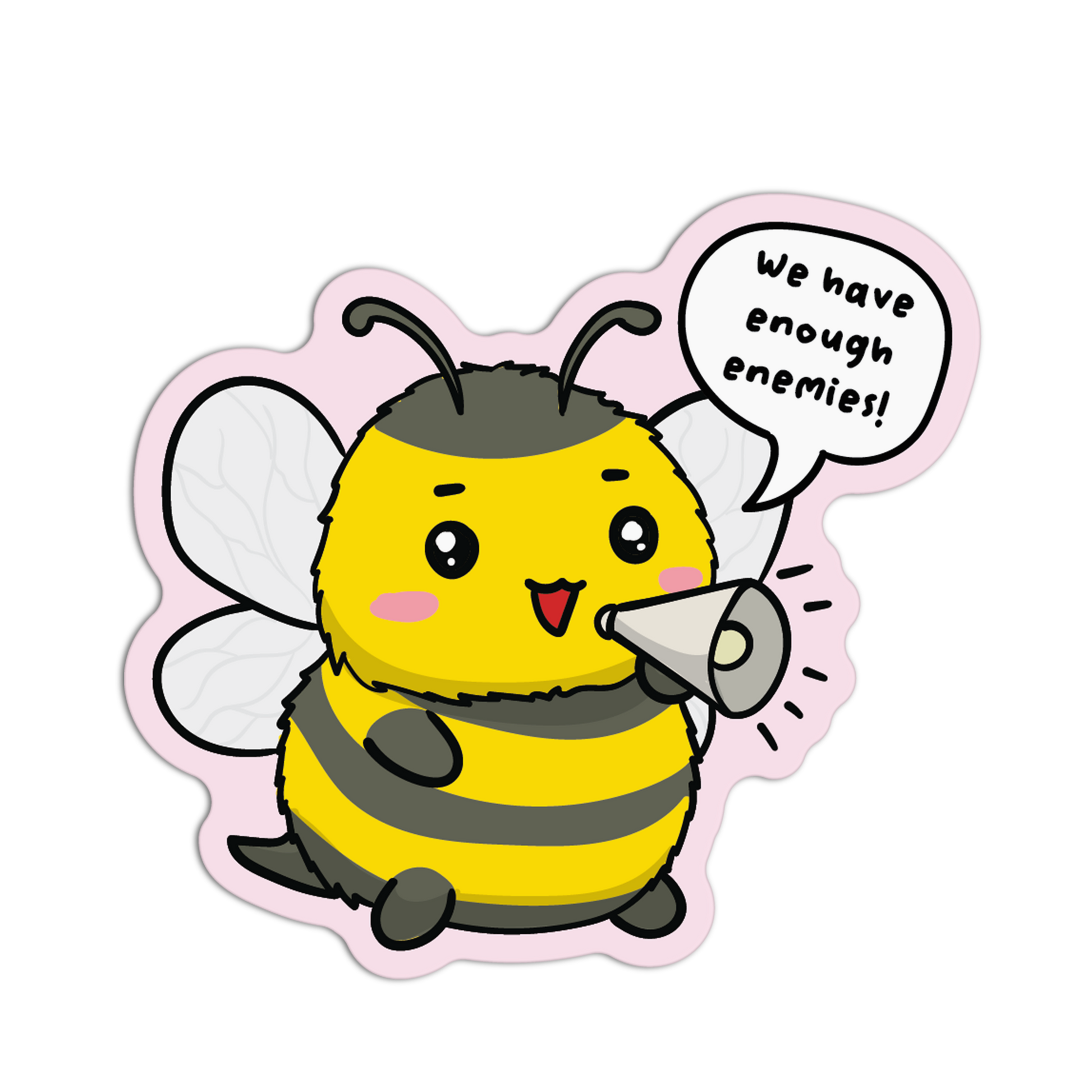Cartoon bee character with a megaphone and speech bubble on a white background