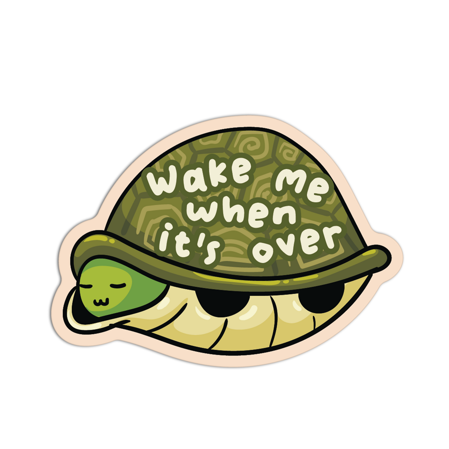Sticker of a turtle with a helmet and text 'Wake me when it's over' on a white background