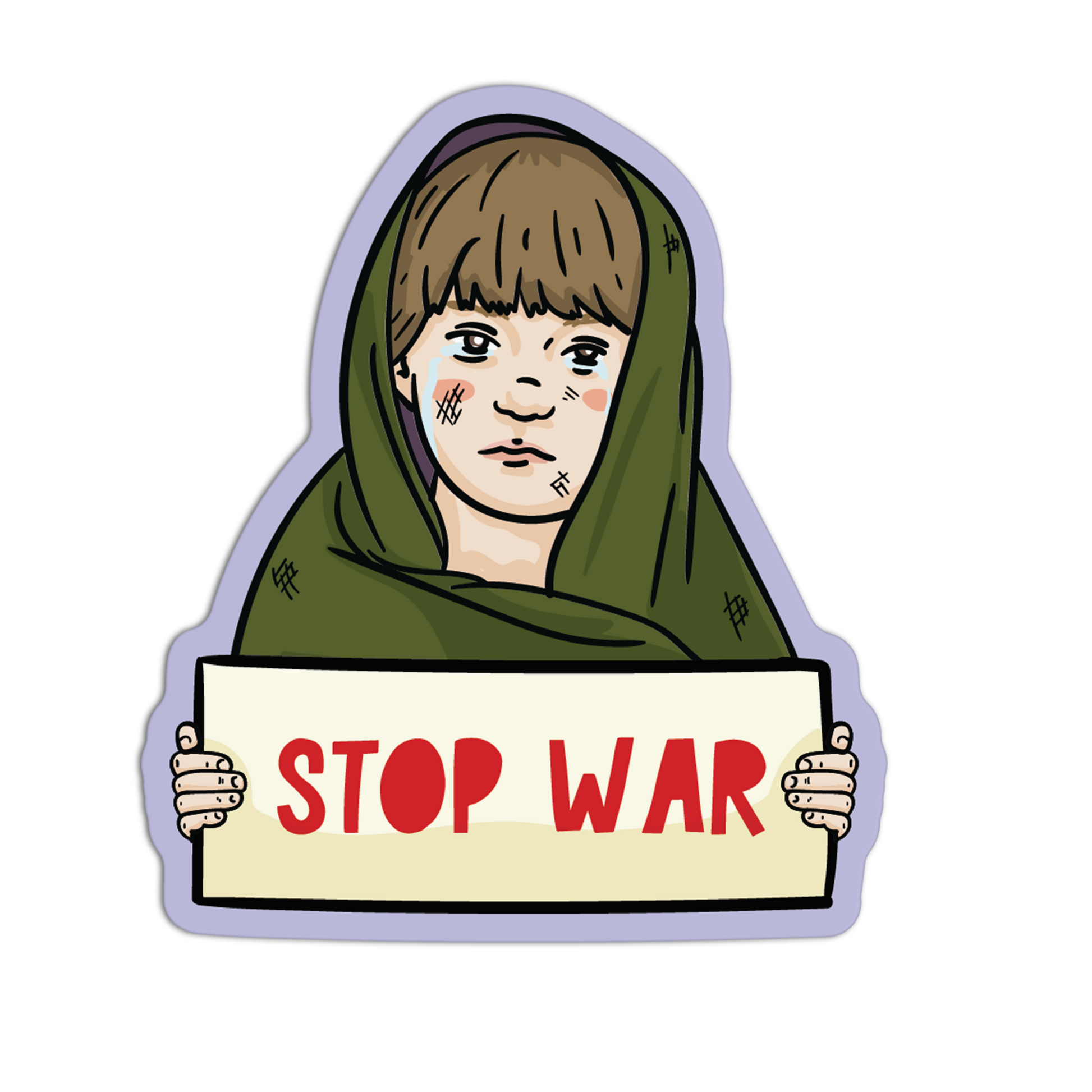 Illustration of a child holding a 'Stop War' sign with a green headscarf.