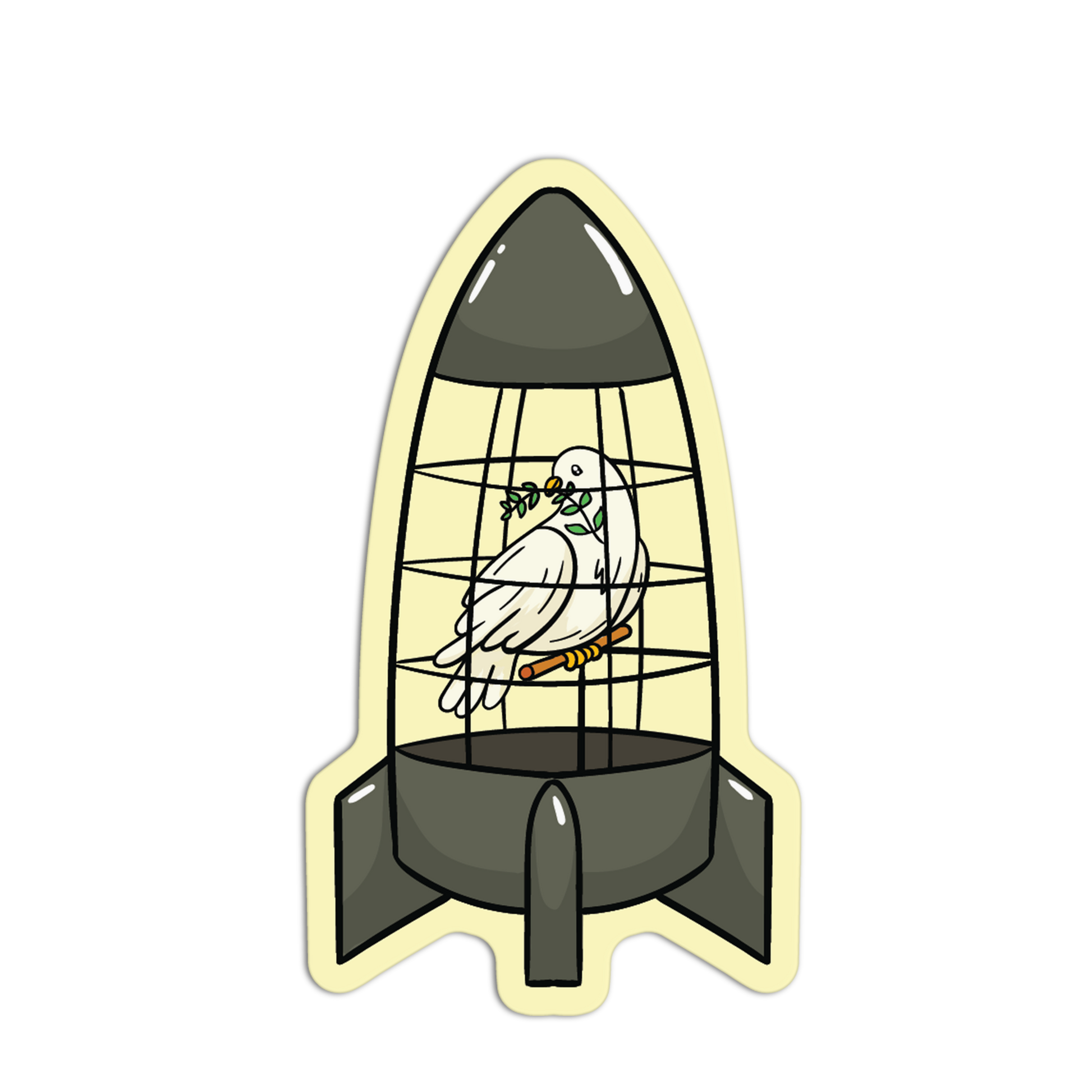 Rocket-shaped birdcage with a white dove inside on a white background
