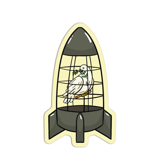 Rocket-shaped birdcage with a white dove inside on a white background