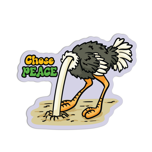 Cartoon ostrich with 'Chose Peace' text on a white background
