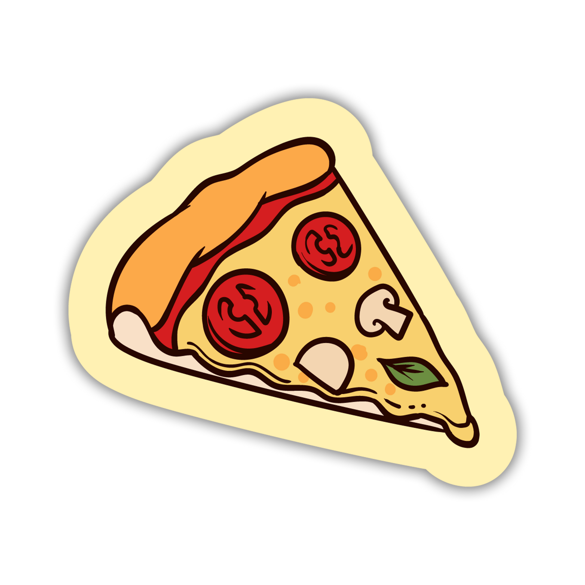 Sticker of a pizza slice with pepperoni, mushrooms, and olives on a white background