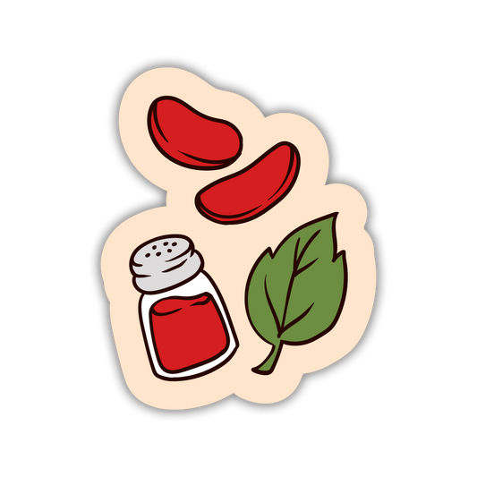 Sticker with red tomato slices, a salt shaker, and a green leaf on a beige background