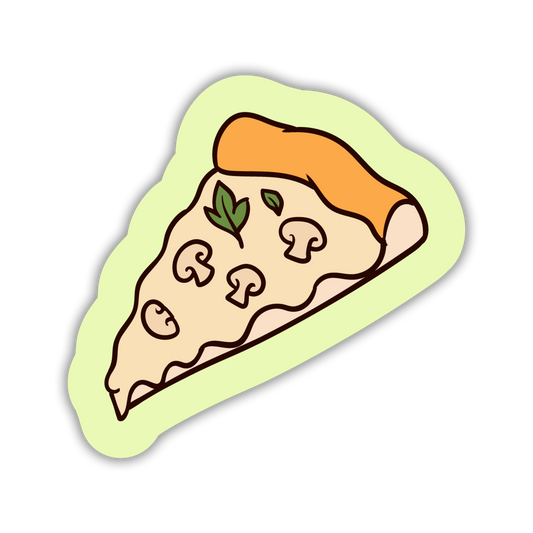 Illustration of a pizza slice with cheese, mushrooms, and basil leaves on a light green border.